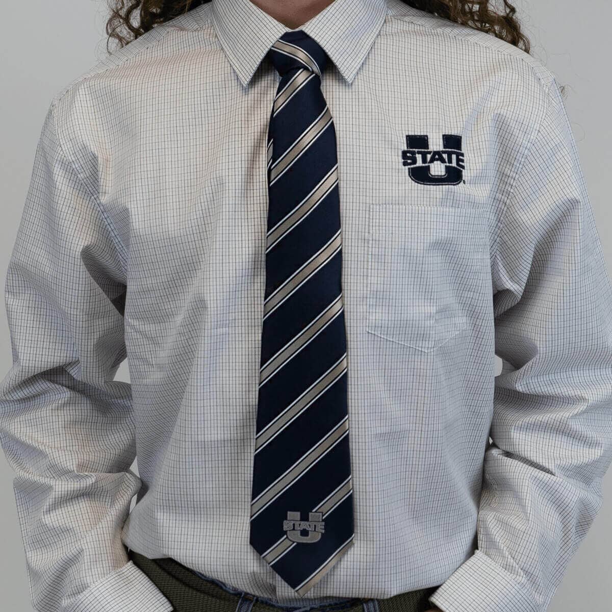 striped navy and white u-state tie